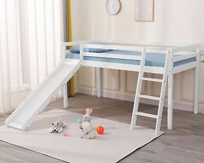 Kids Bunk Beds Mid Sleeper Pine Wooden 3FT Single Cabin Bed Frame Slide & Ladder • £69.99