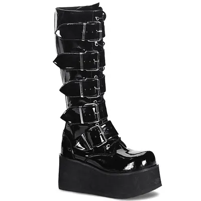 DEMONIA TRA518/B Men's Gothic Punk Black Platform Knee High Buckle Goth Boots • $115.95
