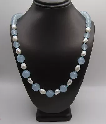 Charming 18KWGP Genuine Aquamarine And Cultured Freshwater Pearl Necklace 18  • $25.49