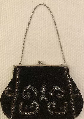 VTG LONGCHAMPS Beaded Evening Purse Kiss-Lock  Black FRANCE • $75