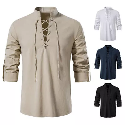 Mens Retro Gothic Steampunk Long Sleeve Lace-up Tops Stand Collar Medieval Shirt • $19.78