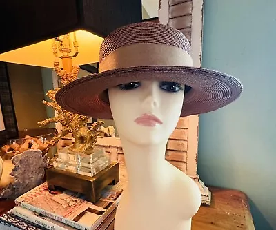 Vintage Brown Flat Top Boater Skimmer Straw Hat With Ribbon Union Made • $24.99