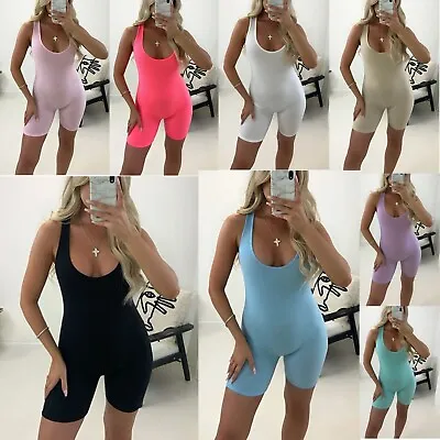 Ladies Women's All In One Ribbed Playsuit Unitard Muscle Vest Style Jumpsuit Uk • £10.90