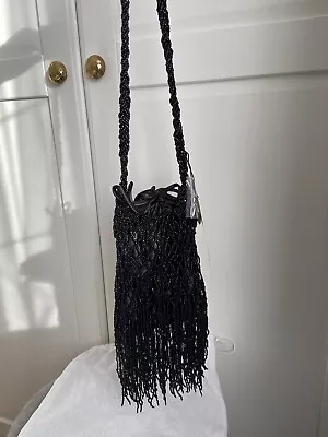 Zara Womens Beaded Fringed Drawstring Bucket Bag BRAND NEW • £11