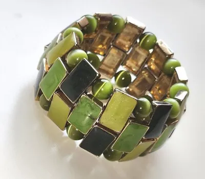 Vintage 60's Wide Enamel Tiles And Green Glass Beads Stretchy Bracelet • $22