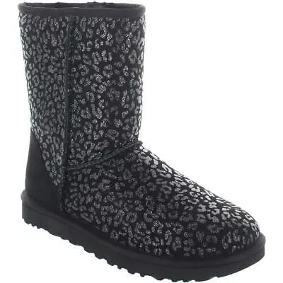 Ugg Women's Sheepskin Classic Short Metallic Snow Leopard Boot Black Size 5 • $69.99