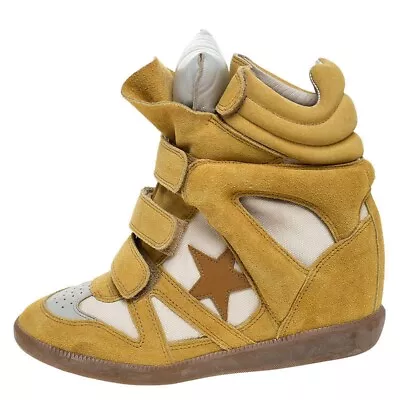 Isabel Marant Yellow & Beige Star Wedge Sneaker Suede And Canvas Bayley Size 39 • $299.99