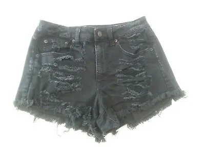 AMERICAN EAGLE Vintage Hi-Rise Festiv Destroyed Shorts Womens Size 4 Black Denim • $12.99