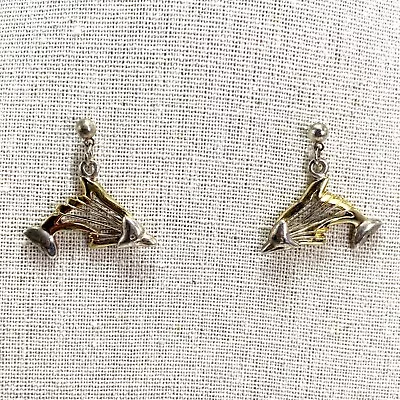 Vintage Dolphin Dangle Earrings Silver & Gold Tone Wire Body Open Work 1  • $7.95