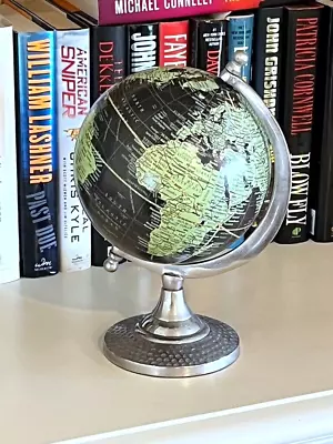 Decorative 6 1/2  Black World Desk Globe On Dimpled Silver-tone Metal Base • $22.95