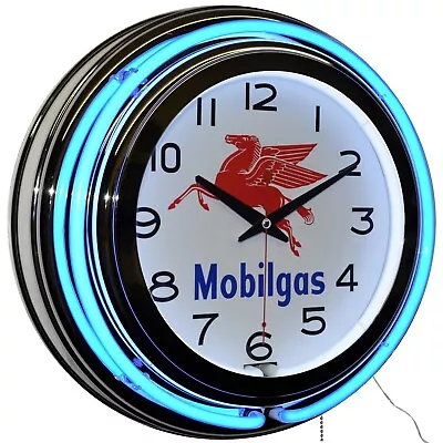 15  Mobilgas Oil Pegasus Double Neon Clock Garage Man Cave (Blue) • $119.95