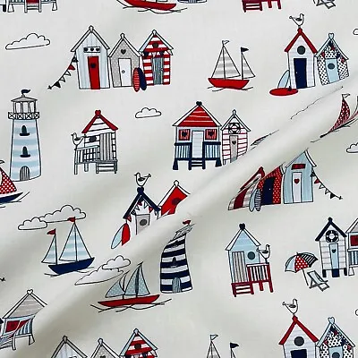 £1.24 • Buy Boys Beach Hut Print Cotton Upholstery Fabric Craft Cushion Blinds, Nautical