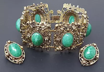 Vtg Couture Jade Green Glass Cabochon Gold Tone Wide Bracelet & Earrings Set • $75