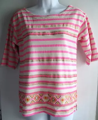 J.crew Ivory Neon Pink Embroidered Short Sleeve Striped Top Sz Xs Summer 2013 • $12.99