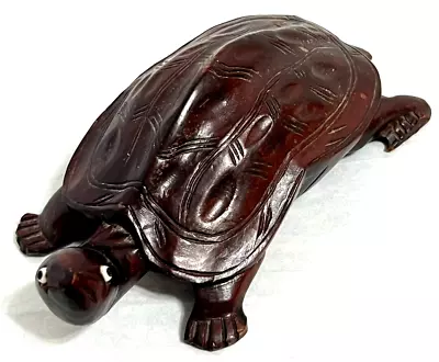 Vintage Handcarved Wood Turtle Tortoise Rosewood Figurine Glass Eyes 6 In Long • $15.50