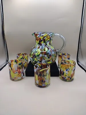 MWT Hand Blown Mexican Art Glass Pitcher Set  Confetti/Splatter/End Of Day   • $119.99