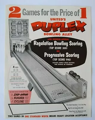 Duplex Arcade FLYER Original NOS Ball Bowler Game Bowling Alley 1958   • $32.50