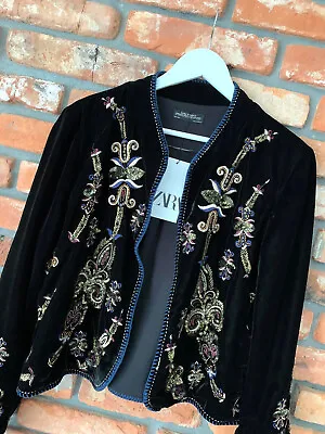 A383 Zara Velvet Jacket Blazer Black Sequins Gold Embroidered Coat Jacket - L • $159.99