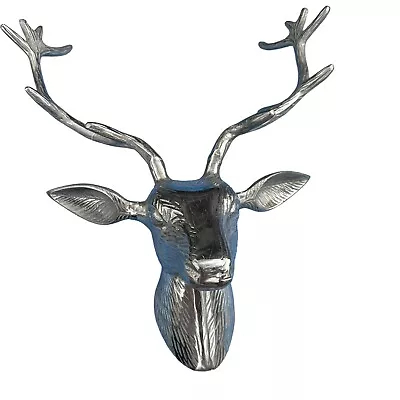 Metal Deer Stag Mount Silver Tone Wall Decoration Head Antlers Modern Cabin • $85
