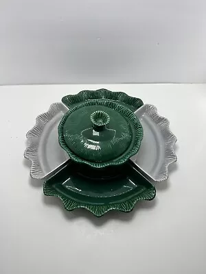 Vintage Miramar Pottery Snack Chip & Dip Serving Set Green & Gray 1956 MCM USA • $45.49