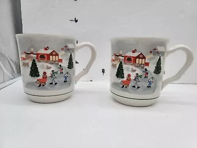 Vintage Sango Christmas Mug  Silent Night  Ice Skating Farm House Ceramic Luntz • $15