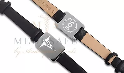 Ladies Sos Bracelet Black Leather & Silver Medical Info/stainless Steel Talisman • £25.99