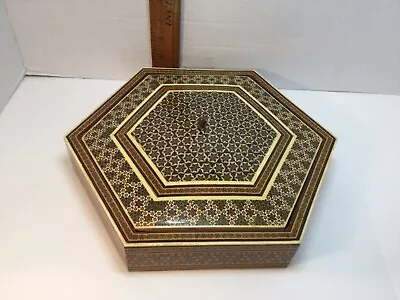 Anglo Indian Micro Mosaic Multi Color Wood & Glass Hexagon Shape Jewelry Box • $99