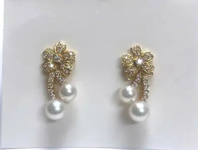 Mikimoto Pearl And Diamond 18K Yellow Gold Drop Earrings • $7990