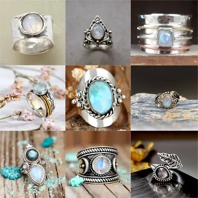 $2.63 • Buy Retro 925 Silver Moonstone Rings Women Wedding Bridal Jewelry Gift Size 6-10