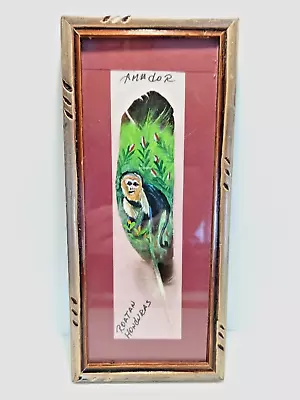 Vintage Hand Painted Feather:  Monkey In The Bush  From Roatan Honduras Framed. • $19.95