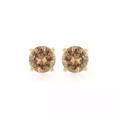 14k Yellow Gold Plated 4 Carat Round Created Champagne CZ Stud Earrings • $8.99