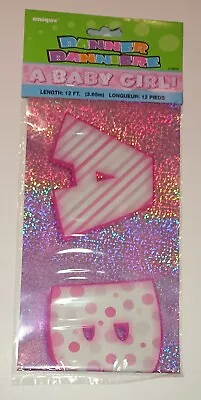 Pink A Baby Girl Foil Holographic Banner Baby Shower Reveal Party Decoration  • £1.79