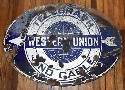 Vintage 1920s Western Union Telegraph & Cable Porcelain Advertising Oval Sign • $395