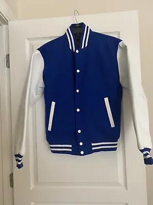 Varsity Baseball Jacket Blue Wool Body White 100% Leather Sleeves Bomber . • $59.99