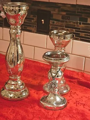  Mercury Glass Taper Set Of 3 Candle Holder - Very Elegant Silver • $108