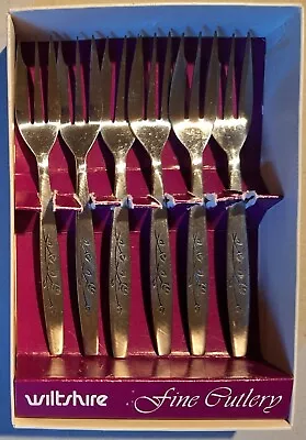 VINTAGE WILTSHIRE Fleurette Pattern CAKE FORKS SET - ORIGINAL BOX Set Of 6 Piece • $15