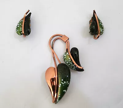 Vtg MATISSE RENOIR Copper Enamel Leaf Brooch & Earring Set • $88