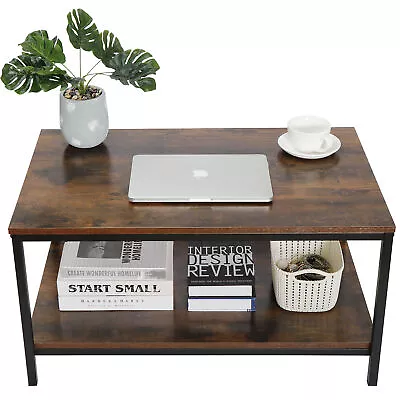 31  Rustic Wood Coffee Table Rectangular Coffee Table With Storage Shelf Durable • $47.58