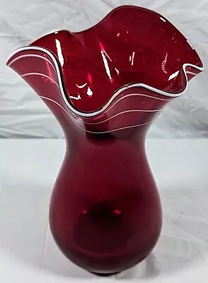 Unique Hand Blown Red/Brown Vase White Applied Swirl And Handkerchief Edge • $29.99
