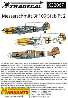 Xtradecal 32067 1:32 Messerschmitt Bf-109's With Stab Markings Part 2 • £8.09