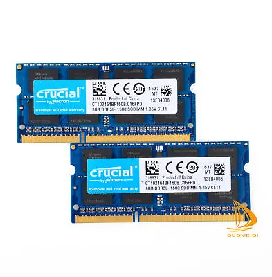 Crucial 16GB 8GB 2Rx8 PC3L-12800 DDR3L-1600Mhz SO-DIMM RAM Laptop Memory 204PIN • £16.79