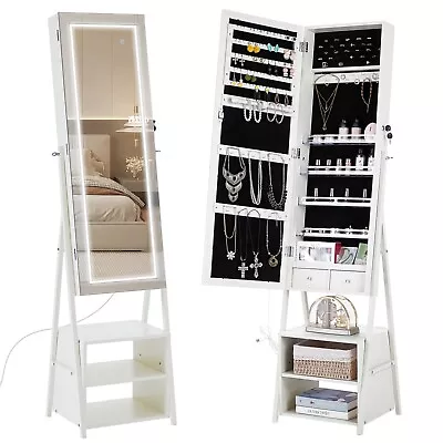 Jewelry Armoire LED Light Vanity Mirror Lockable Organizer Cabinet Standing • $138.56