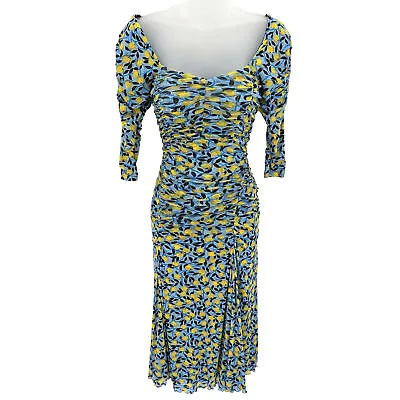 Diane Von Furstenberg DVF Dacey Dress Nectarine Lemon Blue XS Womens Ruched Mesh • $119.95