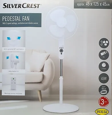 £46.99 • Buy Silvercrest 45x125x45cm 3 Speed Pedestal Fan With Remote Control - White. New