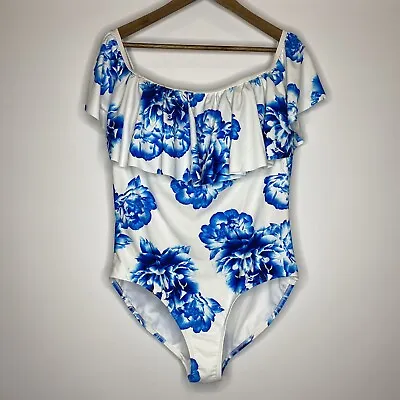Swimsuits For All Gabi Fresh Flounce Shoulder One Piece White Blue Floral Sz 20D • $21.99