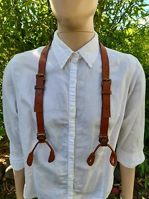 Vintage Around The Neck Front Suspenders Button Type Tan Leather Adjustable Mens • $10