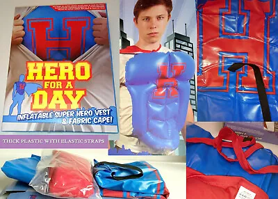 HERO FOR A DAY INFLATABLE SUPERHERO VEST & CAPE Plastic Muscles FATHERS DAY STAG • £7.95