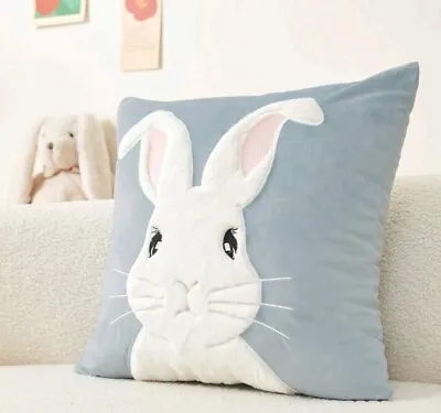 Luxurious Rabbit Cushion Cover Square Cotton Embroidered Blue Bunny Easter New • £10.95