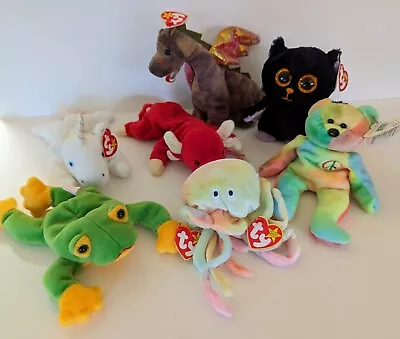 Ty Beanie Baby Family Of 7 - Swoops Smoochy Goochy Mystic Snort Peace Scorch • $35