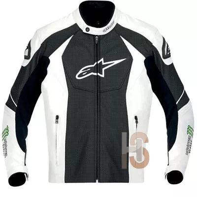 Handmade Black & White Monster Energy Motorcycle Genuine Leather Biker Jacket • $159.99